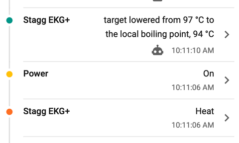 Home Assistant Logbook entry detailing the temperature the kettle attempted to be set to, and it clamping it down to the local maximum