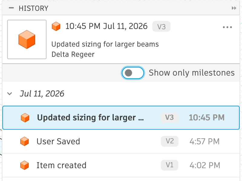 Screenshot of Autodesk Fusion history of the file showing it was created at 16:04 and then the second save was at 16:57, with one last change at 22:45