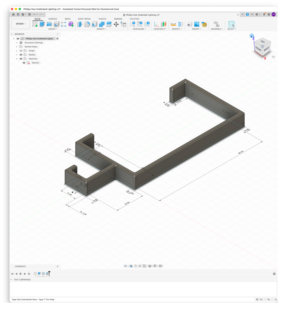 Screenshot of Autodesk Fusion showing the bracket design along with the sketch dimensions